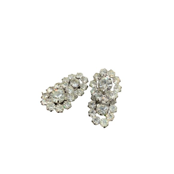 Rhinestones Earrings Clip On Clear Chatons Silver Tone Vintage Costume Earrings - Picture 1 of 6